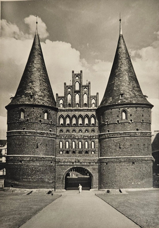 Postwar 1940s-1950s Photo Postcard with WWII Allied Stamp - Lubeck Holstentor Museum, Germany - Vintage International RPPC