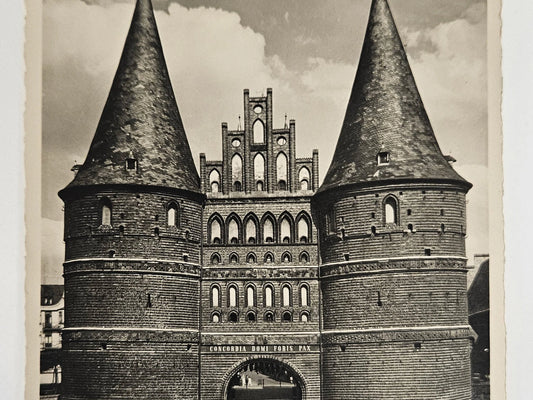 Postwar 1940s-1950s Photo Postcard with WWII Allied Stamp - Lubeck Holstentor Museum, Germany - Vintage International RPPC