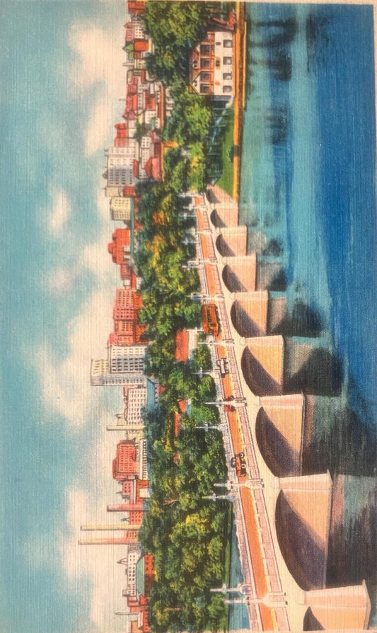 Richmond’s Skyline and Mayo Bridge over Historical James River, Richmond, Virigina - Vintage Bridge Postcard