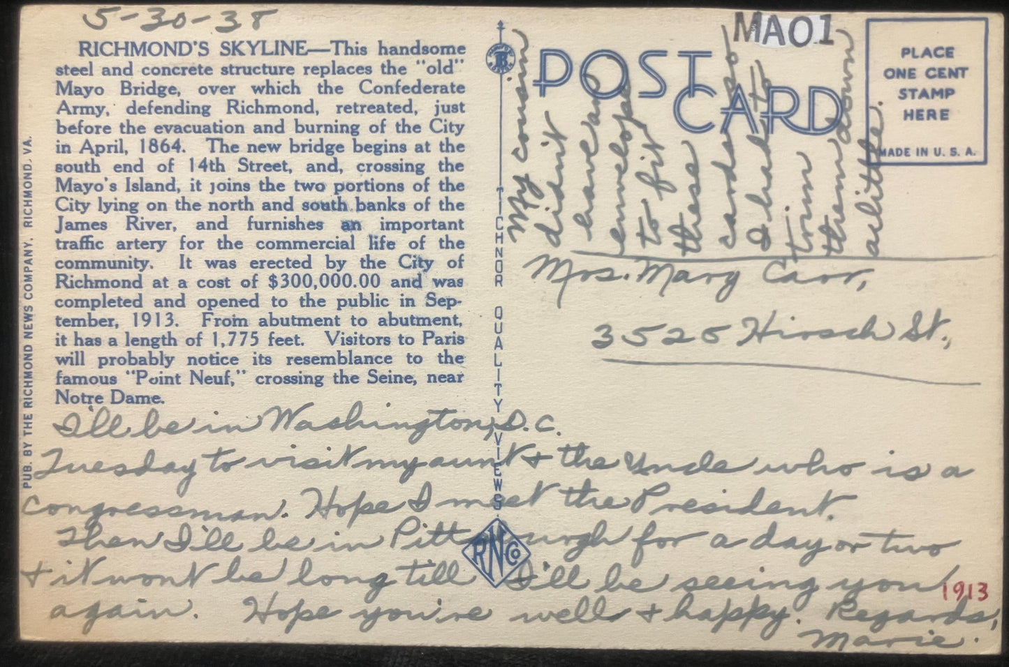 Richmond’s Skyline and Mayo Bridge over Historical James River, Richmond, Virigina - Vintage Bridge Postcard