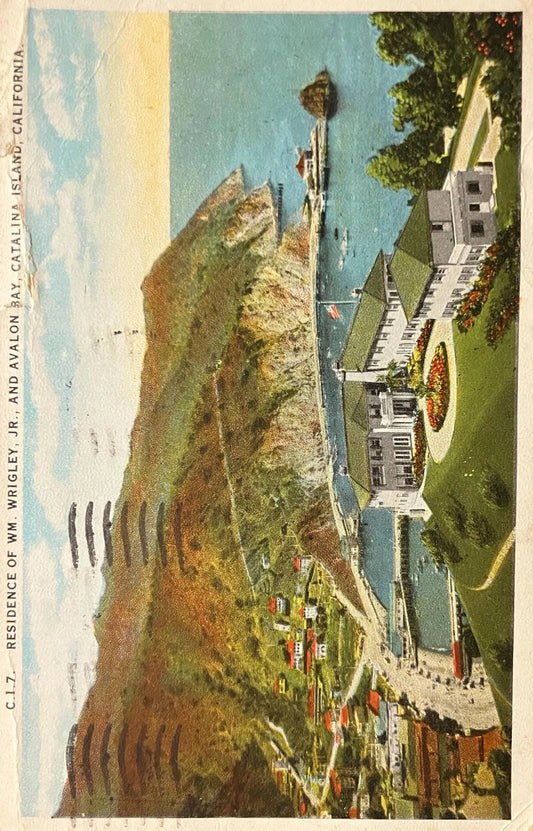 Residence of WM. Wrigley, JR., and Avalon Bay, Catalina Island, California - Vintage Postcard