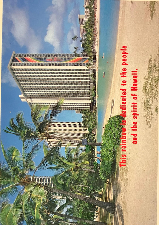This rainbow is dedicated to the people and spirit of Hawaii - Rainbow Mural on Hilton Tower - Vintage Postcard