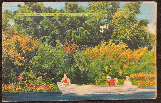 Boating on Indian River, Fort Pierce, Florida - Vintage linen Postcard - Quiet boating on Indian River
