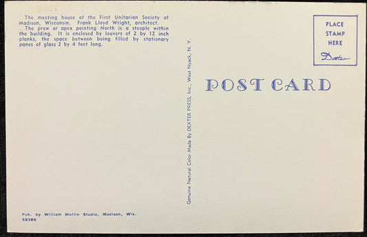 First Unitarian Society of Madison, Wisconsin - Vintage Frank Lloyd Wright Church Postcard - Mid Cen