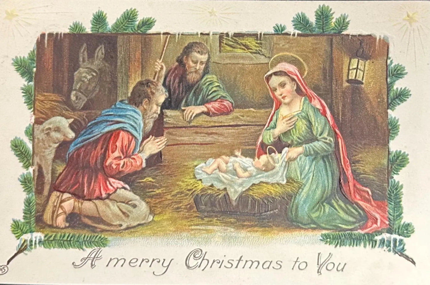 Mary, Joseph, Shepherd, and Baby Jesus Nativity Scene - A Merry Christmas to You -  Embossed 1910 Christmas Postcard