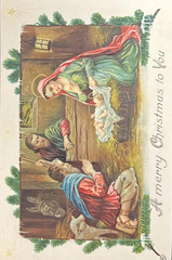 Mary, Joseph, Shepherd, and Baby Jesus Nativity Scene - A Merry Christmas to You -  Embossed 1910 Christmas Postcard