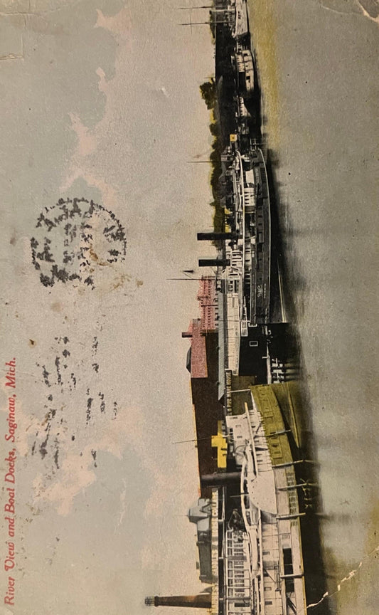 River View and Boat Docks, Saginaw, Michigan - Vintage Nature Postcard