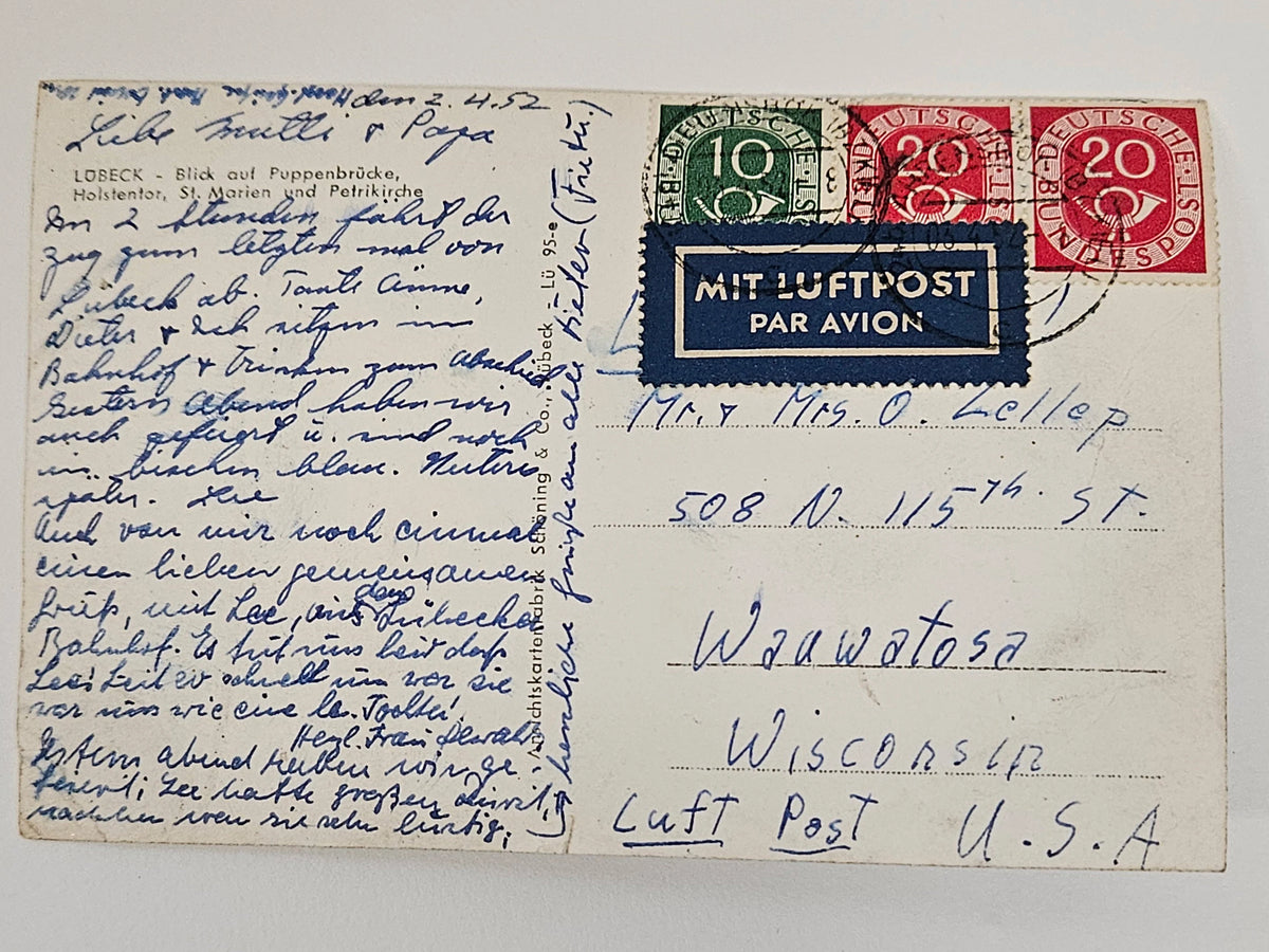 [price] Pre-war Photo Postcard Mailed in 1952 - Lübeck, Germany - Vintage International Postcard