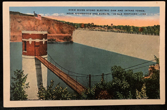 Dixie River Hydro Electric Dam - Intake Tower - Near Highbridge and Burgin - "In Old Kentucky"  - 1940s Linen Postcard