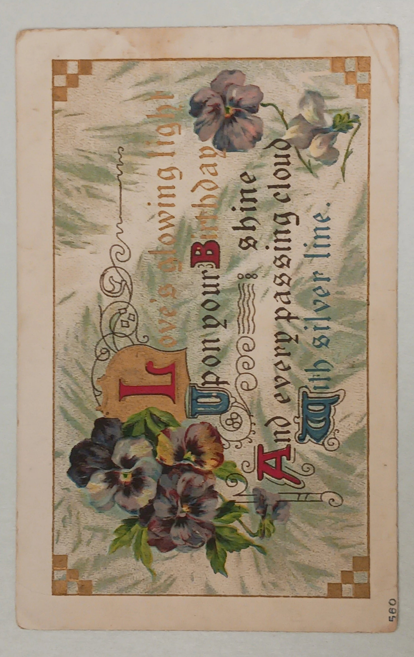 Silver Lining Birthday -  Embossed with Gold Accents  - Vintage Post Card - Series 560 - 1910