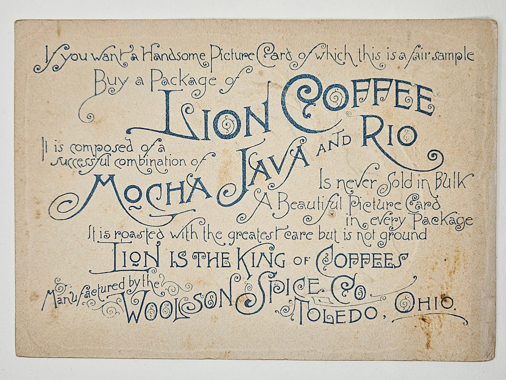 Vintage-style advertisement for Lion Coffee with decorative text on a beige background