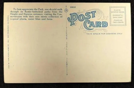 Conservatory and Gardens, Golden Gate Park, San Francisco, California - Vintage Conservatory Postcar