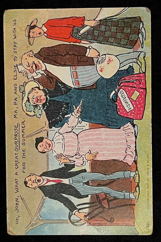 Uncle Sam's Comics Anglo Series. "Oh, John, What A Great Surprise Ma, Pa And Elsie to Stay with us For The Summer" - Vintage Postcard
