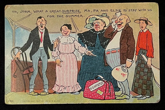 Uncle Sam's Comics Anglo Series. "Oh, John, What A Great Surprise Ma, Pa And Elsie to Stay with us For The Summer" - Vintage Postcard