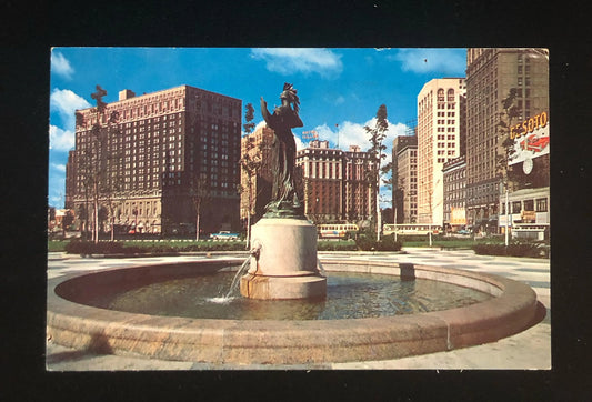 Grand Circus Park Fountain 1960s, Detroit, Michigan - Vintage Detroit Postcard - Detroit in 1960s