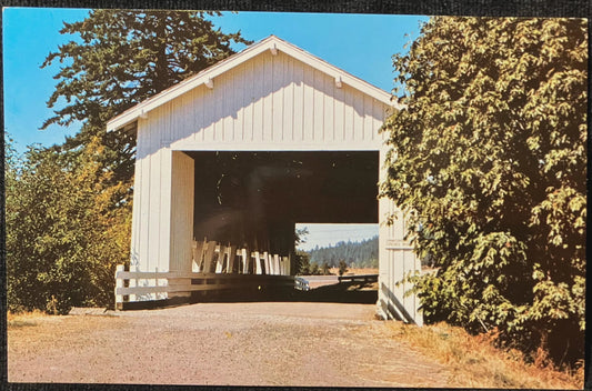 Crawfordsville Bridge over Calapooya River in Crawfordsville, Oregon - Photo by John McNamara - Vintage Covered Bridge Postcard