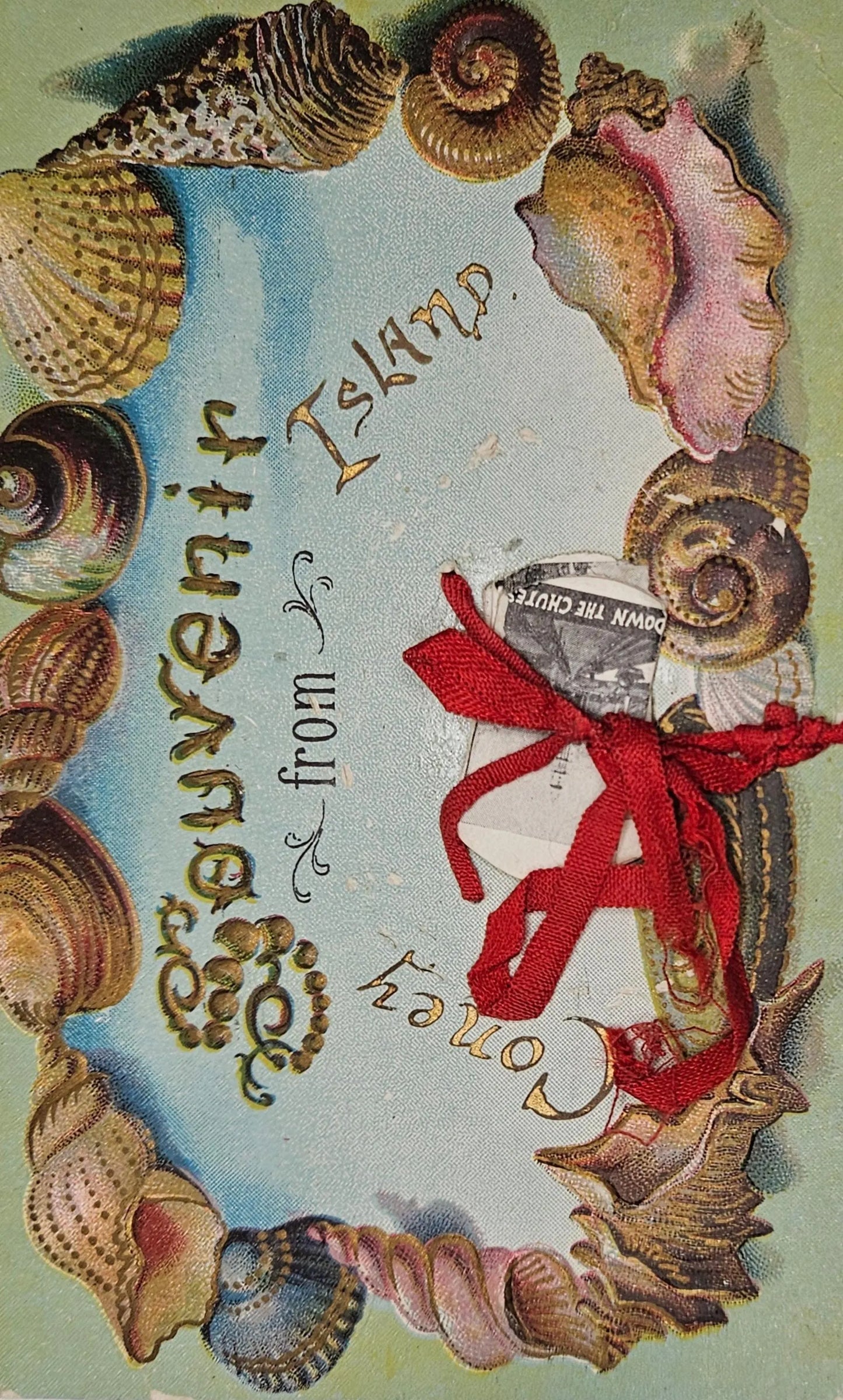 Vintage-style postcard with seashells and a red ribbon, featuring text 'Souvenir from Coney Island'.