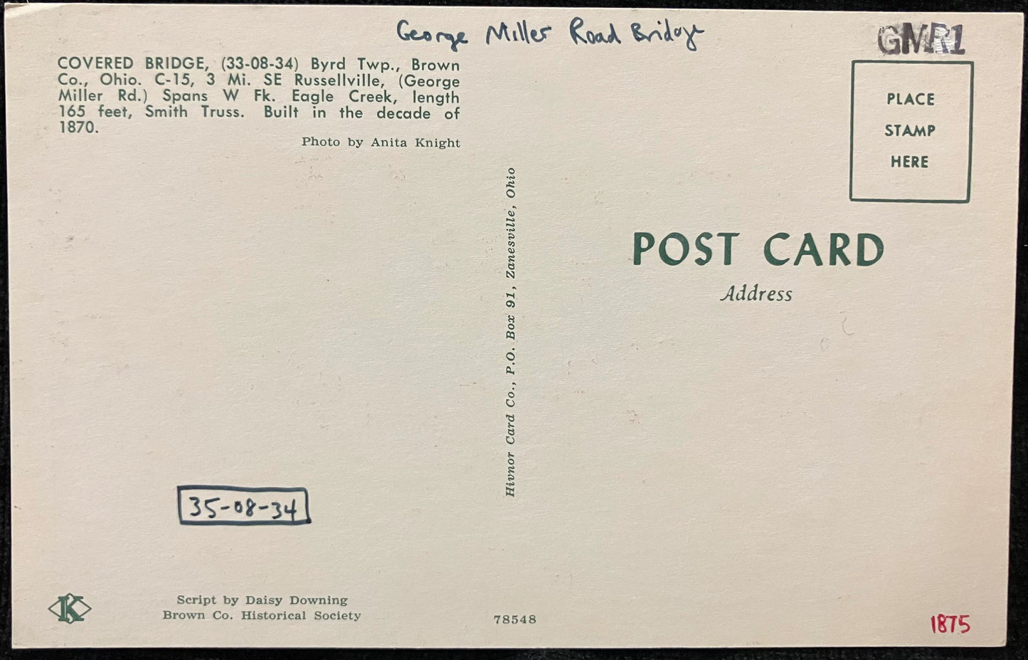 Covered Bridge - Ohio - George Miller Road Bridge - Photo by Anita Knight - Vintage Ohio Covered Bridge Postcard
