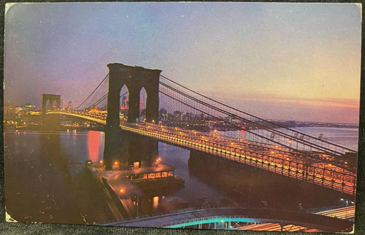 Brooklyn Bridge at Night - New York - Vintage 1970s NYC Postcard