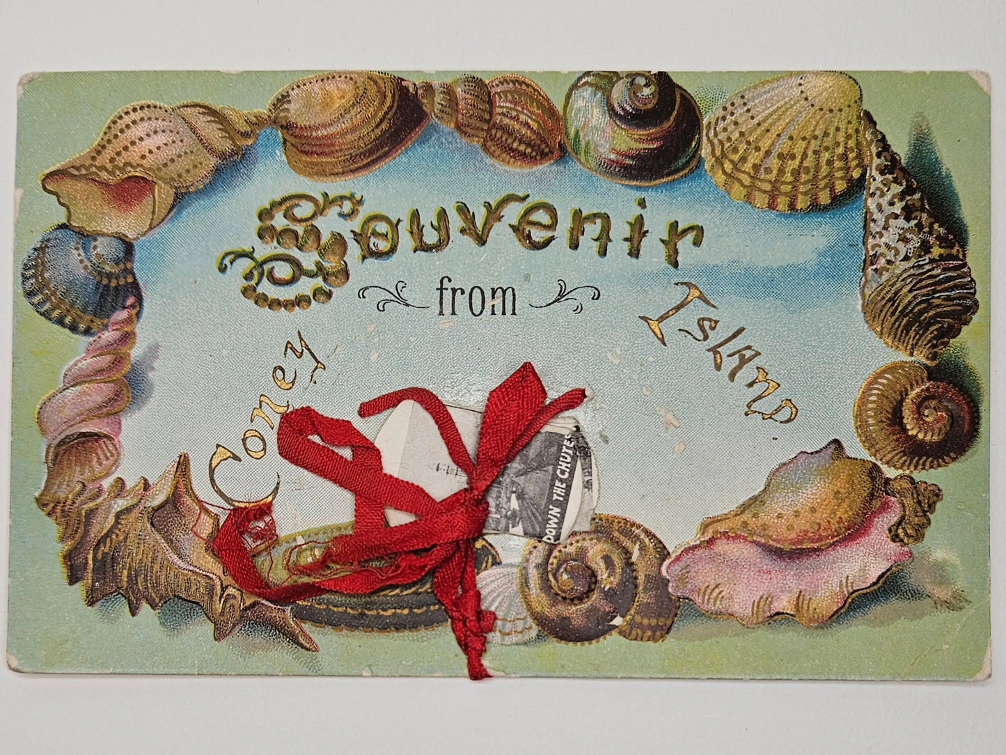 Vintage-style postcard with seashells and a red ribbon, featuring text 'Souvenir from Coney Island'.
