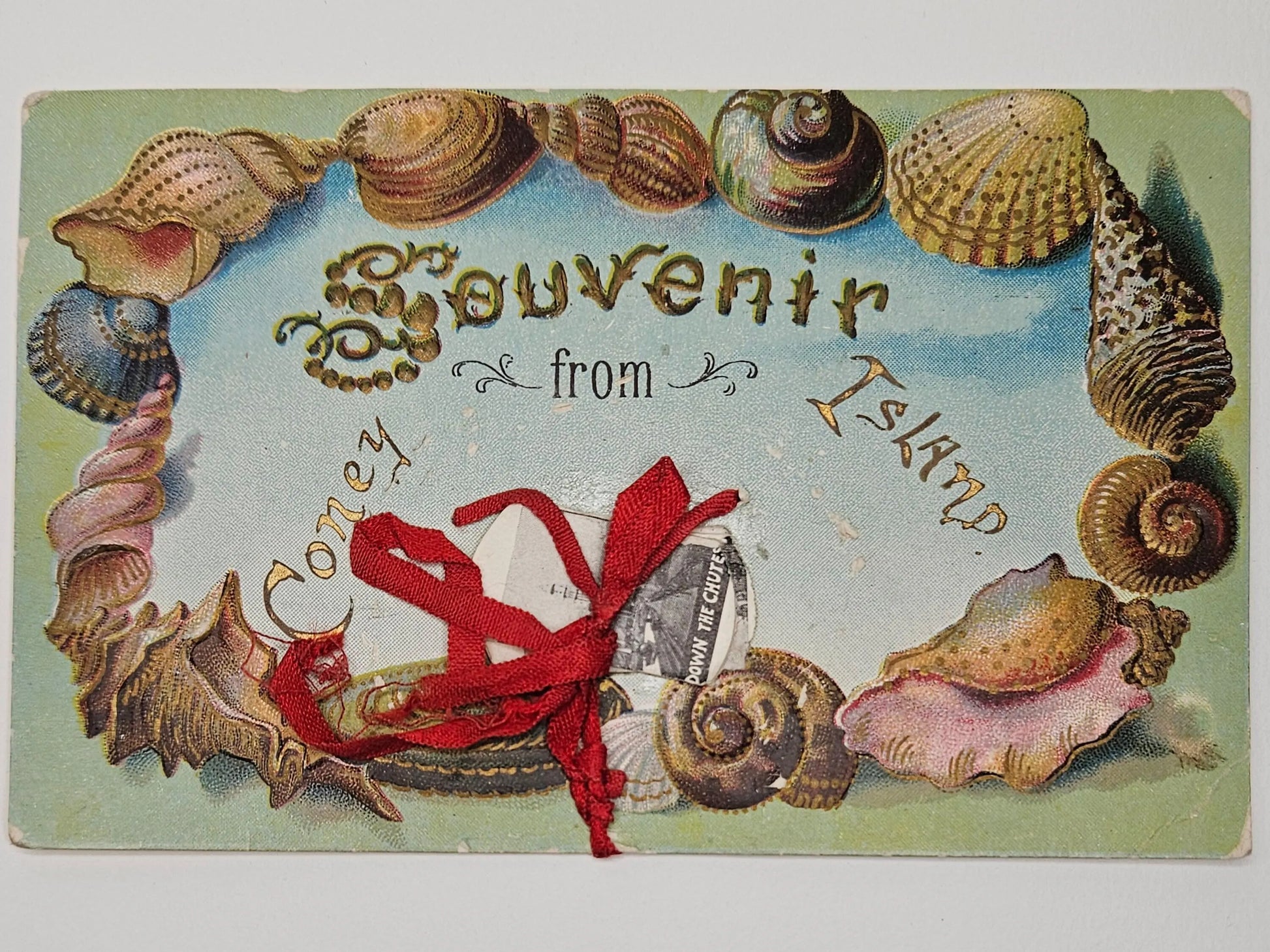 Vintage-style postcard with seashells and a red ribbon, featuring text 'Souvenir from Coney Island'.