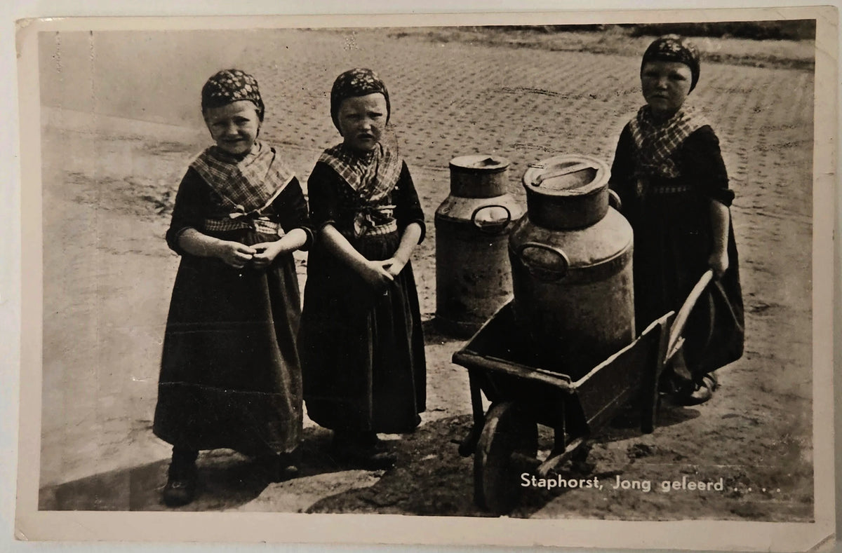 RPPC - Dutch Children in Traditional Dress with Milk Cans - in Staphorst  "Staphorst, Jong Geleerd" 