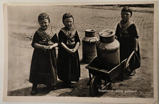 RPPC - Dutch Children in Traditional Dress with Milk Cans - in Staphorst  "Staphorst, Jong Geleerd" 