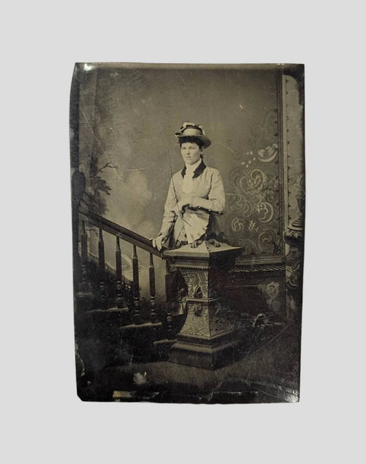 Victorian Tintype photo of a Woman Posing on the Stairs - Well Dressed Young Woman with 1870s decor in Tintype photo