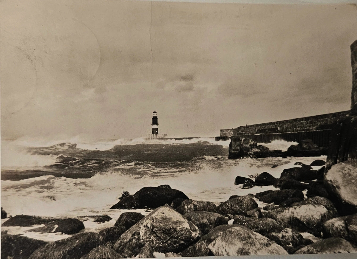 Black and white photograph of a rocky shoreline with a small boat in the distance.