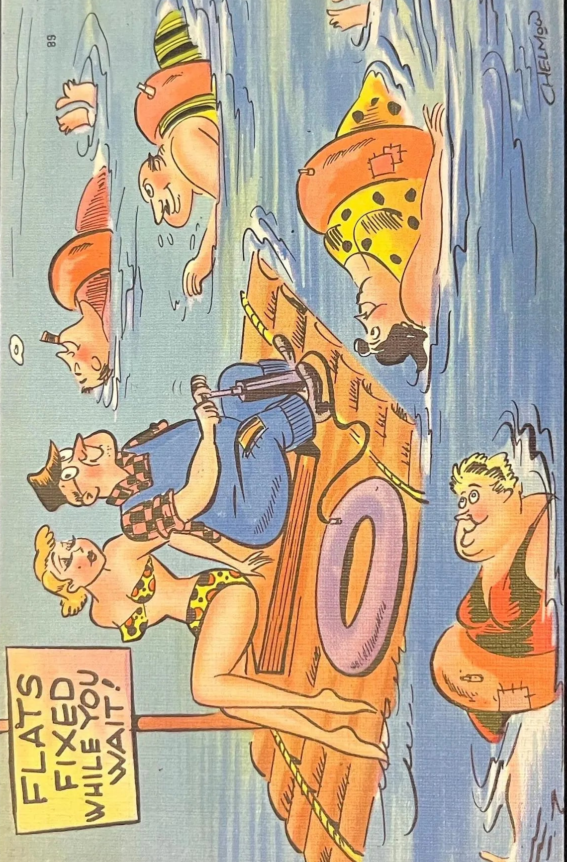 Flats Fixed While You Wait! - Humorous Vintage Postcard