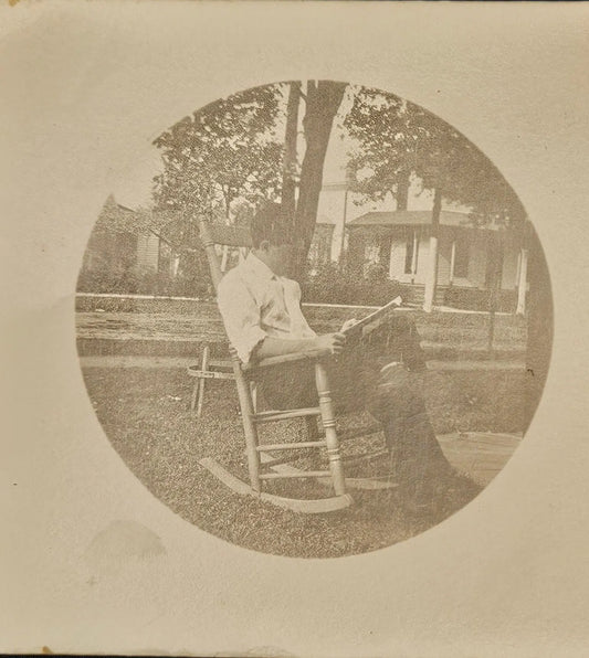RPPC Young Man Sitting Outdoors dressed in White Shirt In Rocking Chair Reading 1913 - Vintage Postc