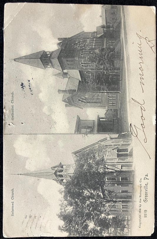 Greenville, Pennsylvania. Reformed Church and Methodist Church - Copyright 1905 by the Rotograph Co. - Very early address only backside Postcard