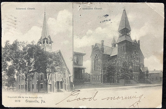 Greenville, Pennsylvania. Reformed Church and Methodist Church - Copyright 1905 by the Rotograph Co. - Very early address only backside Postcard