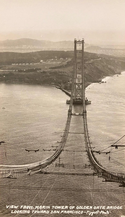 View from Marin Tower of Golden Gate Bridge Looking Toward San Francisco - “Piggott Photo” - Vintage RPPC Postcard