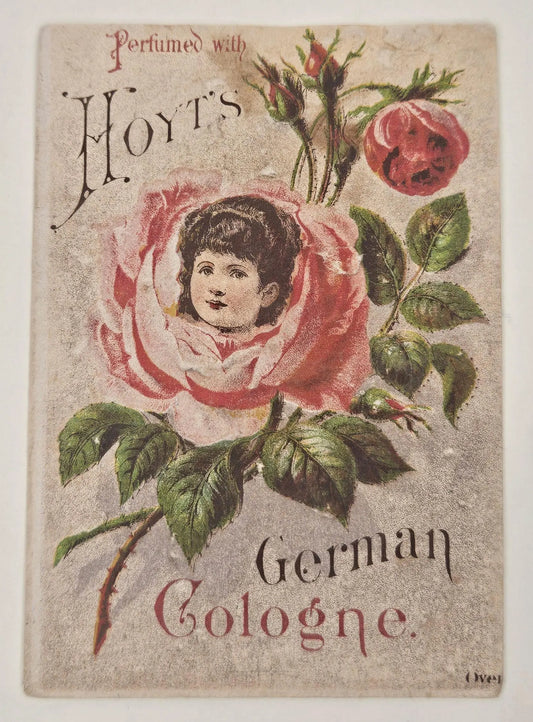 Hoyt's German Cologne Botanical Illustration Trade Card- Little Girl Emerging From Pink Rose, Lowell Massachusetts