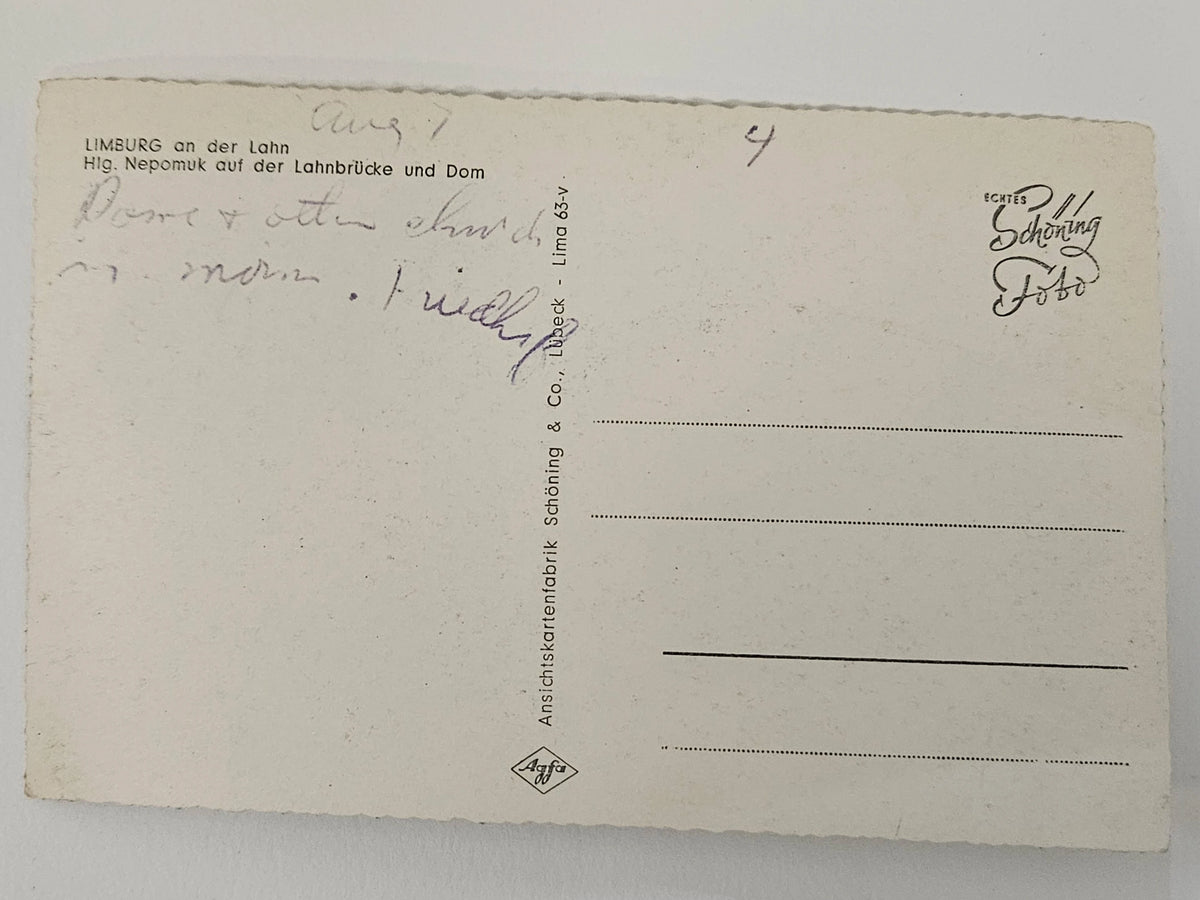 Vintage postcard with text and a logo on a white background