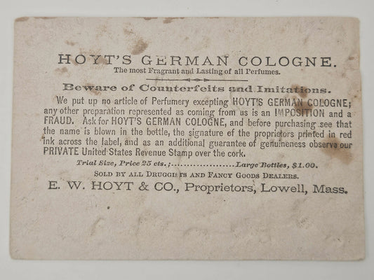 Hoyt's German Cologne Botanical Illustration Trade Card- Little Girl Emerging From Pink Rose, Lowell Massachusetts