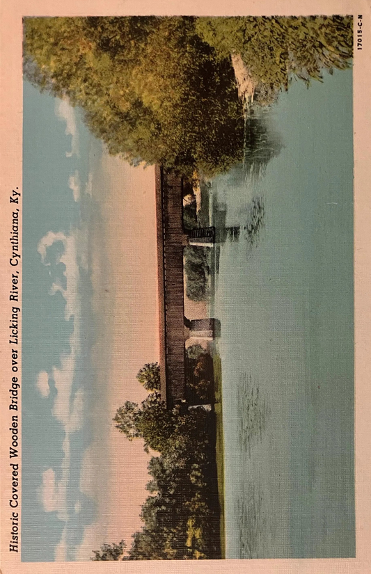 Historic Covered Wooden Bridge - Over Licking River - Cynthiana, Kentucky - 1940s Linen Postcard