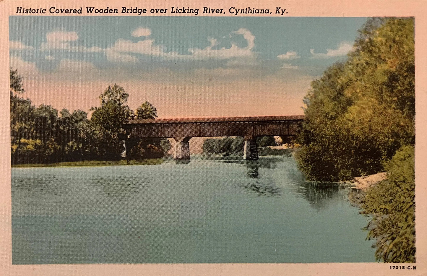Historic Covered Wooden Bridge - Over Licking River - Cynthiana, Kentucky - 1940s Linen Postcard
