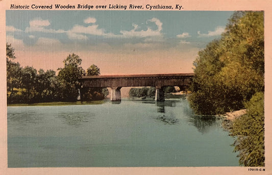 Historic Covered Wooden Bridge - Over Licking River - Cynthiana, Kentucky - 1940s Linen Postcard