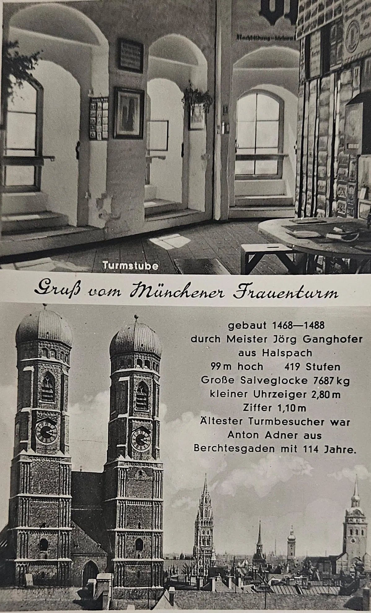 Vintage postcard of the Frauenkirche with text about the Münchner Frauenäufer Turm, including construction details and a view of the tower.
