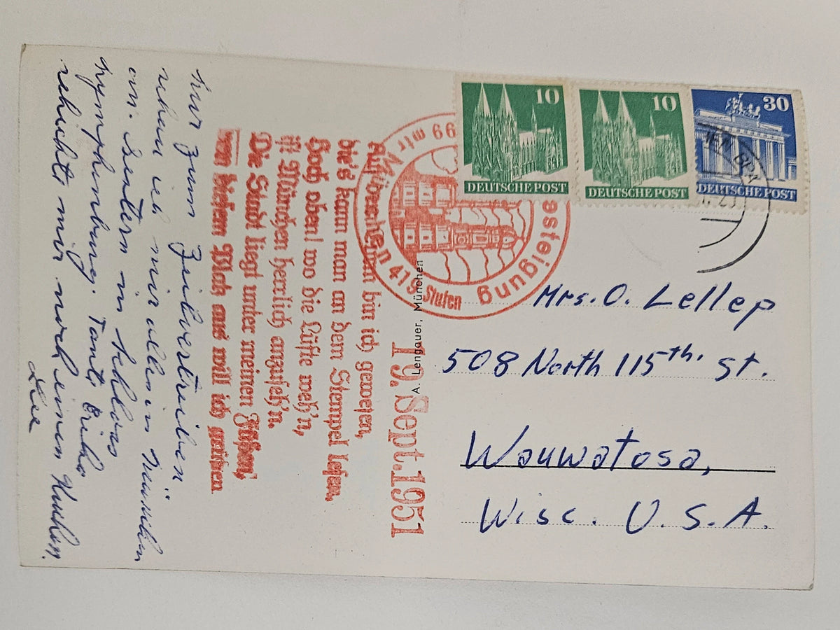 back of postcard with postage stamps (two 10-pfennige, one 30-pfennige) with text and address, postmarked Munice, 1951