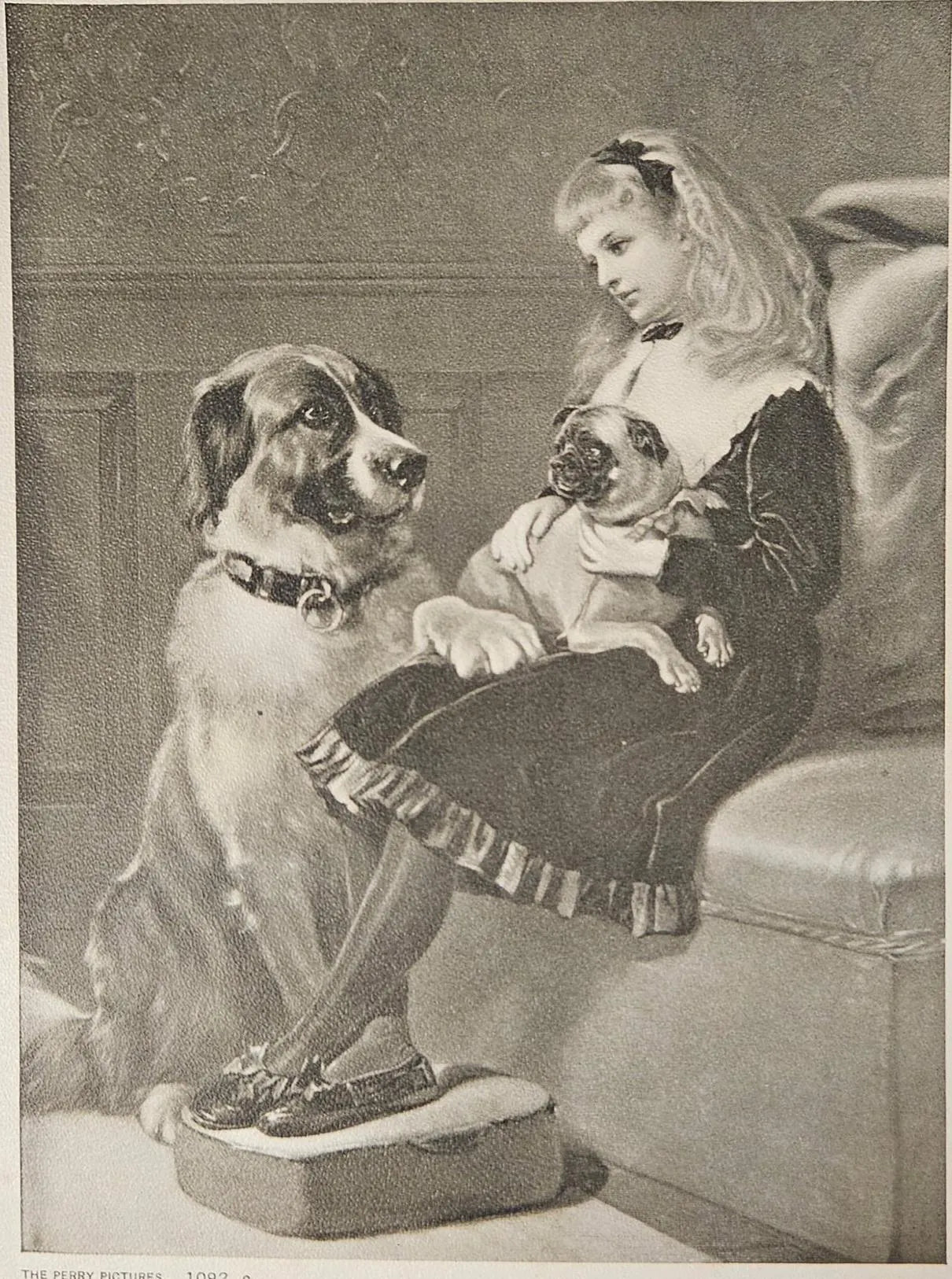 Heywood Hardy Print- "Her Only Playmates" Little Victorian Girl With Pet Dogs