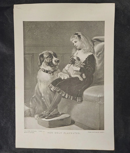 Heywood Hardy Print- "Her Only Playmates" Little Victorian Girl With Pet Dogs