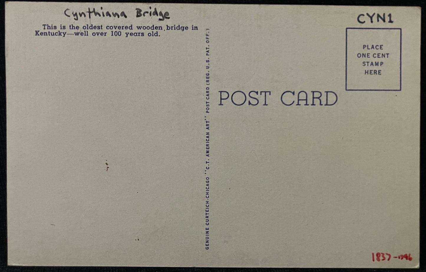 Historic Covered Wooden Bridge - Over Licking River - Cynthiana, Kentucky - 1940s Linen Postcard