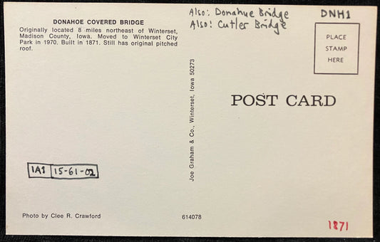 Donahoe Covered Bridge - Winterset, Iowa - Photo: Clee R. Crawford - Vintage Covered Bridge Postcard