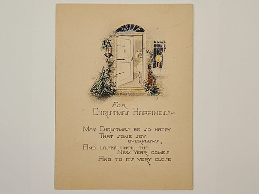 For Christmas Happiness,  1920s Art Deco Engraving with verse - Christmas Card With Doorway- Classic poem for Christmas