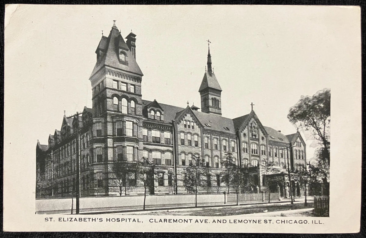 St Elizabeth's Hospital, Claremont Ave. and Lemoyne St., Chicago. Ill. - Vintage 1890s Hospital Post