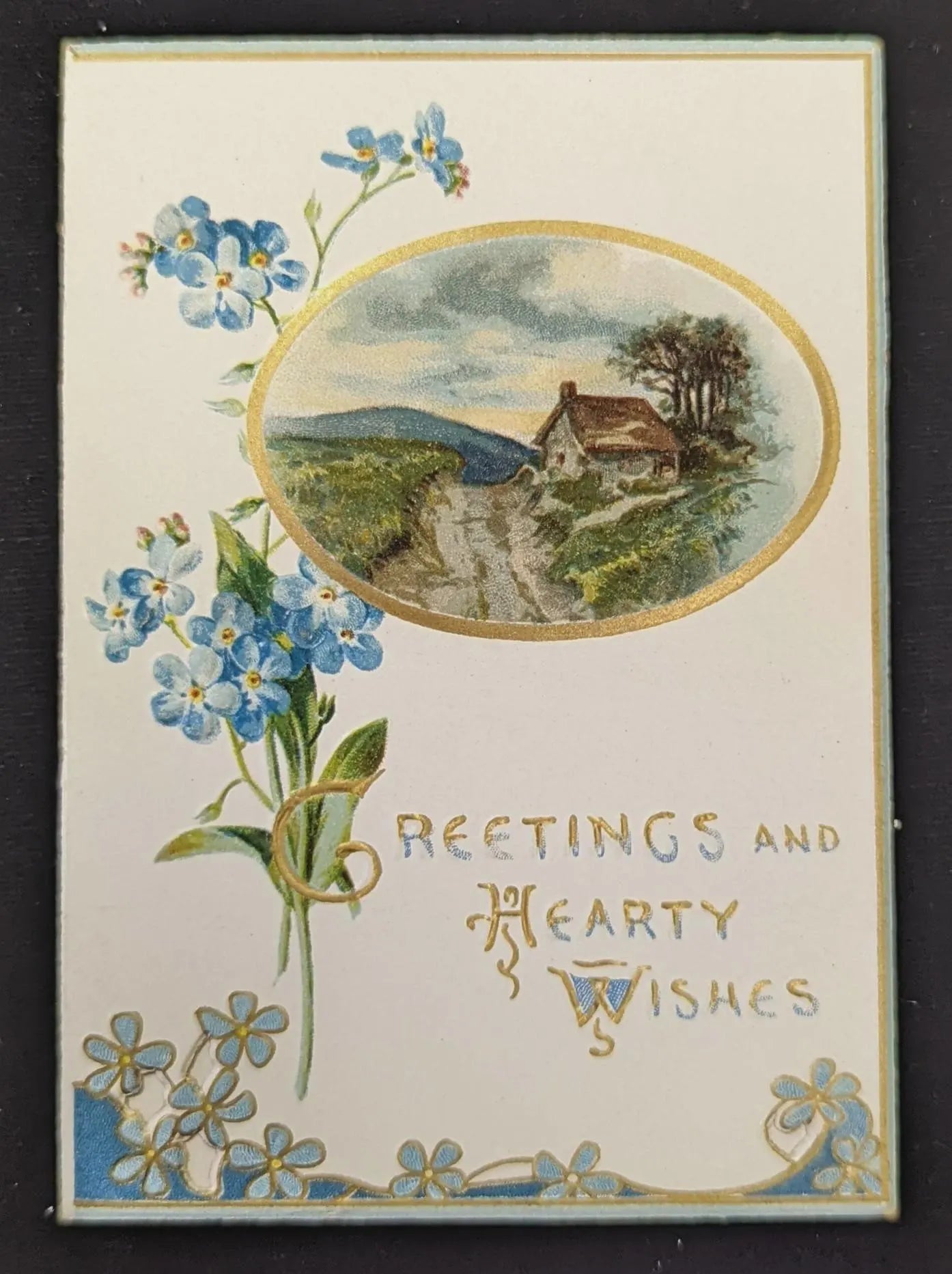 Greetings and Hearty Wishes - Vintage Christmas Card with Engraved gold Embossing - unused from 1930s