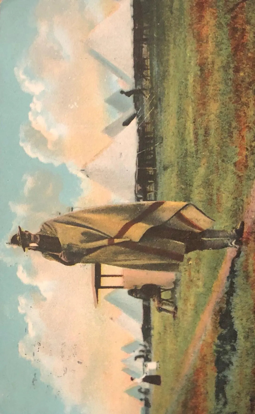 Vintage-style illustration of a person in a coat standing in a field with a castle in the background.